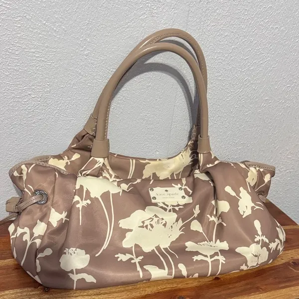 Chic Kate Spade Neutral Floral Nylon Leather Hobo Bag Shoulder Purse Trendy - Image 12
