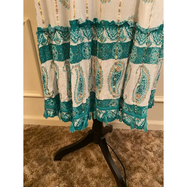 Anthropologie Me 2 Magic Boho Tassel Green White Sequin Dress Flutter Sleeve - Image 4