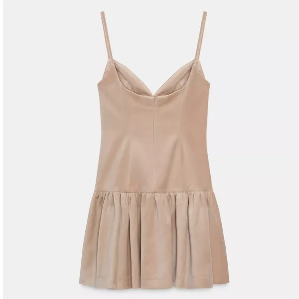 Zara NWT velvet spaghetti strap voluminous ruffle hem light pale pink mini dress - Image 4