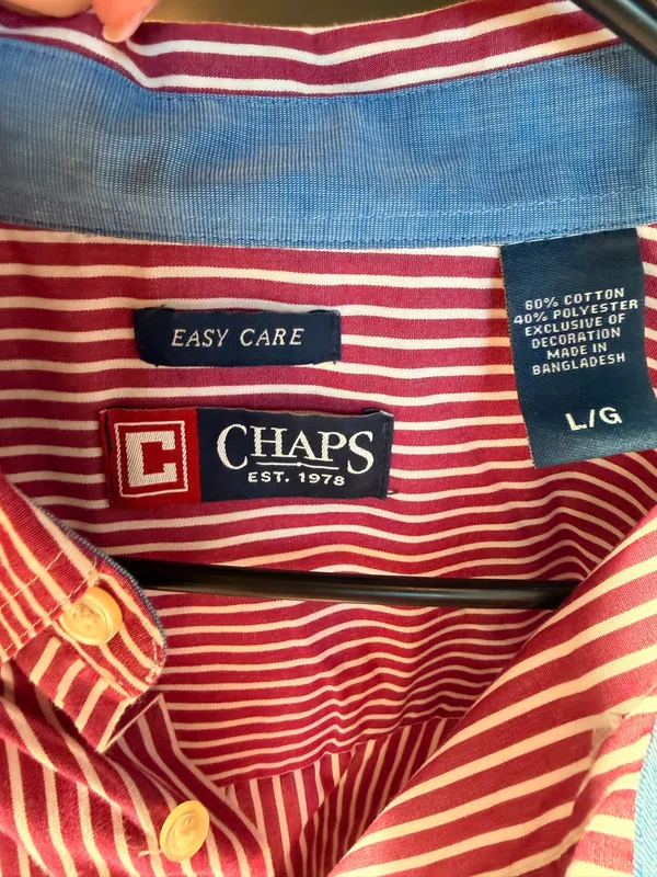 CHAPS Men’s Large Red White Stripe Button Down Shirt Oversized Preppy - Image 2