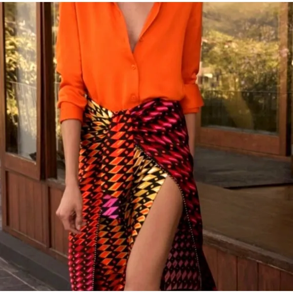 Zara Geometric Print Beaded Trim Sarong Wrap Maxi Skirt Multicolor Womens Med - Image 8