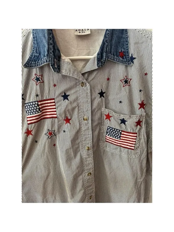 Vintage Quizz Again & Co. Flag Patriotic Cotton Embroidered Shirt Holiday USA - Image 4
