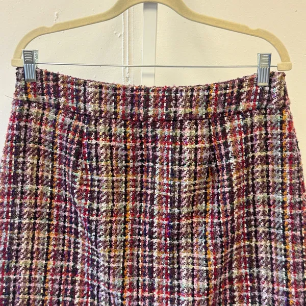 Loft Multi Color Tweed Plaid Mini Skirt Gold Button Front Size 10 Purple Red - Image 4