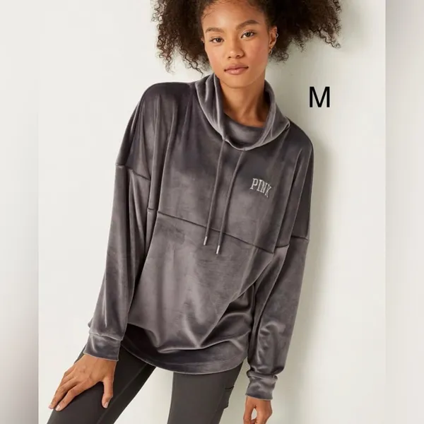 Victoria's Secret Pink Varsity Velour Cowl Neck Sweatshirt Color Gray Shine med - Image 4