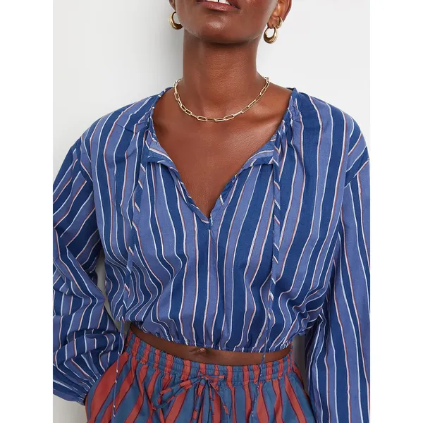 NATALIE MARTIN Amelia Top Batik Stripe Navy Cotton Tassel Tie Blouse Top Small - Image 5