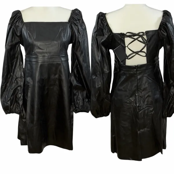 Area Stars Faux Leather Mini Dress Black Long Puff Sleeves Lace Up Square Neck M - Image 2