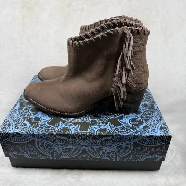 Extrafine Sugar Rachel Taupe Suede Western Fringe Ankle Booties Womens 9.5 - Image 6