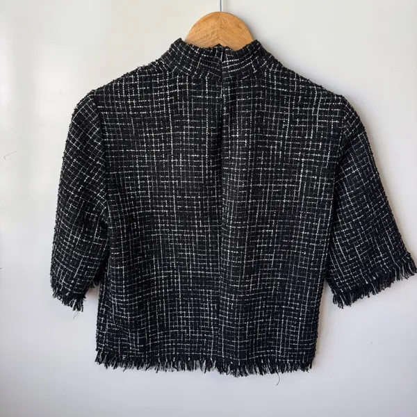 Zara Tweed Top Mock Neck Fringed Hem Cropped Black‎ White Career XS - Image 4
