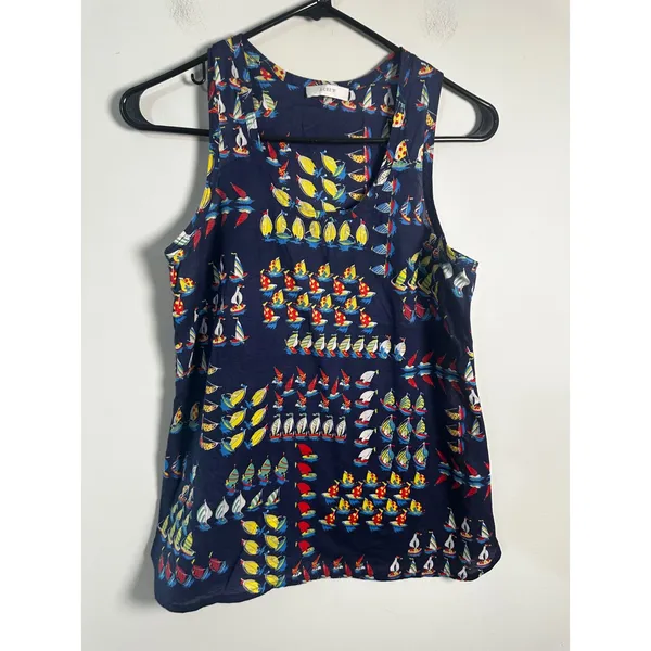 J.Crew Women Navy Blue Cotton Sailboat Regatta Ratti‎ Print Tank Top Small - Image 3