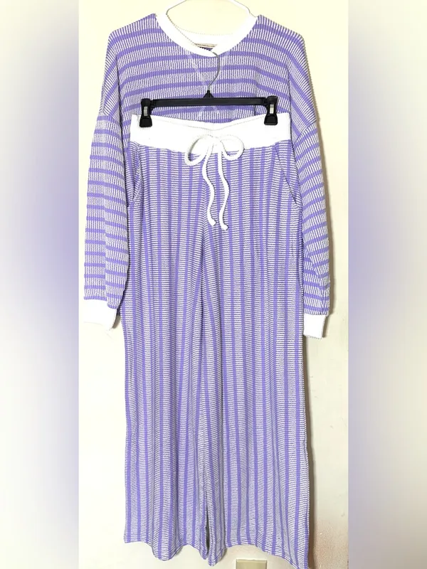 Zenana Raised Rib Striped Pullover & Wide Leg Pants Set Womens Lavender Sz Small - Image 2