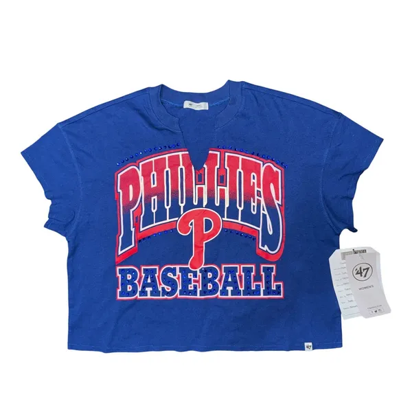 Philadelphia Phillies Oversized‎ Rhinestone Crop Top Tee Baseball MLB Sporty S - Image 2