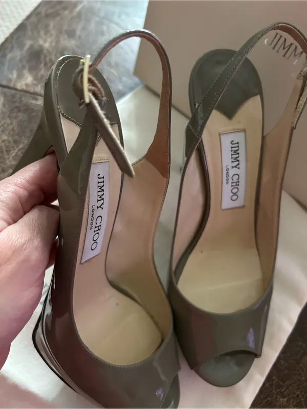 Jimmy Choo Vertigo Patent Leather Slingback Peep-Toe Pumps Pebble Palladium - Image 10