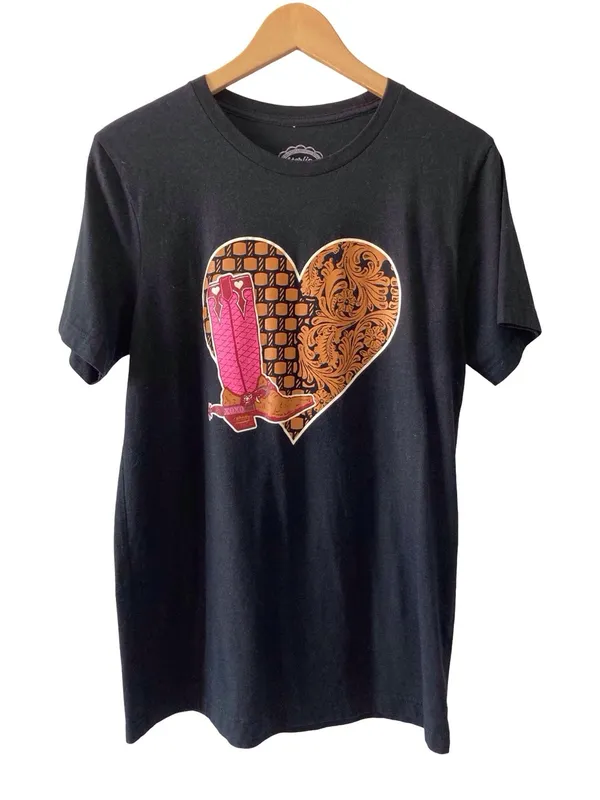Sterling Kreek Cowboy Boot Heart Graphic Tee Women's M Black Western Country - Image 6