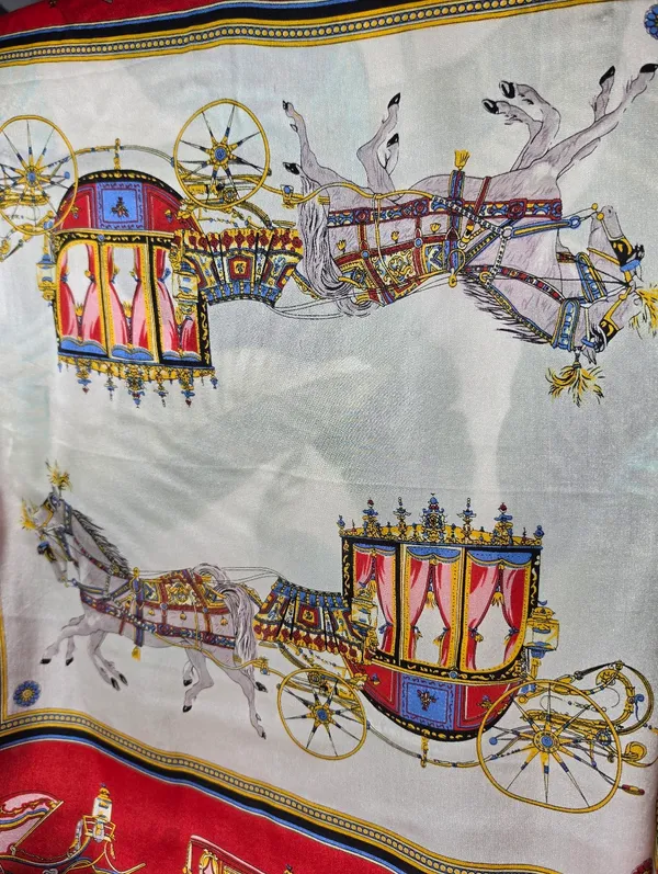 Equestrian horse-drawn carriage motif red and black border 33" Sq Silk - Image 2