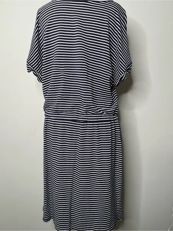Hilary Radley Striped Navy and White Tie-Waist Dress with Pockets Size Large - Image 8
