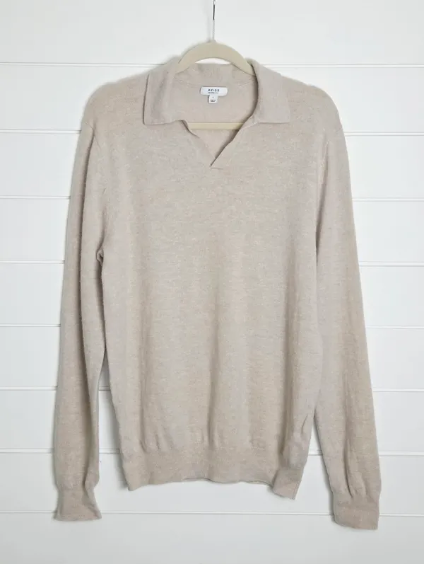 Reiss 100% Wool Cream V-Neck Collared Casual Sweater Size L - Image 3