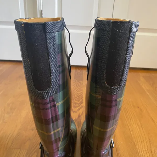LL Bean Wellie Rain Boots Women 7 Purple Green Plaid Buckle Tall Preppy Heritage - Image 6