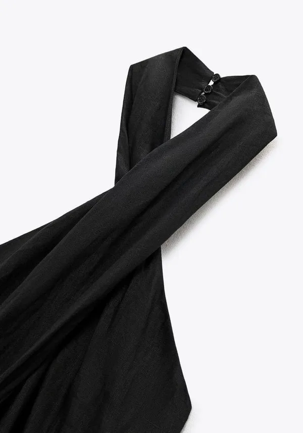ZARA dress midi black halter neck linen fringed fringes boho - Image 13