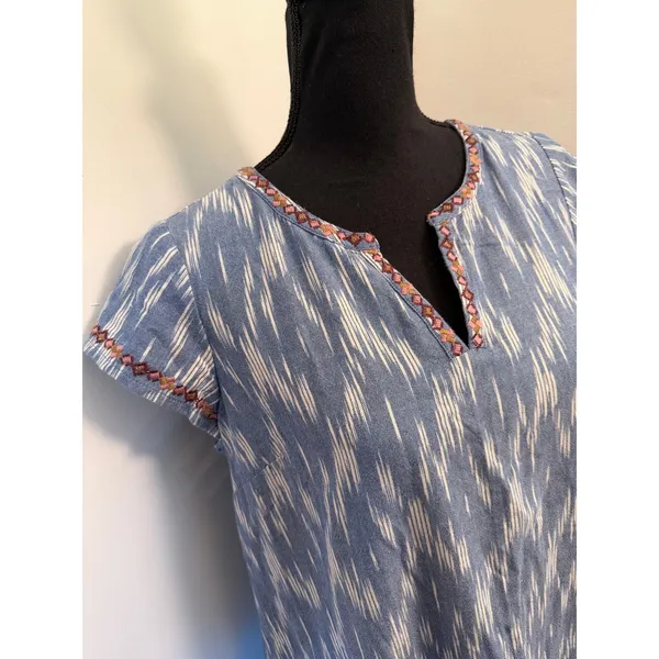 J. Jill Pure Jill Blue Ikat Cotton Dress Embroidered V-Neck Boho Shift Pockets - Image 2
