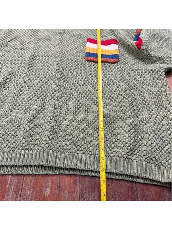 POL Sage Green Chunky Knit V-Neck Sweater Rainbow Stripe Sleeves Pocket M - Image 10