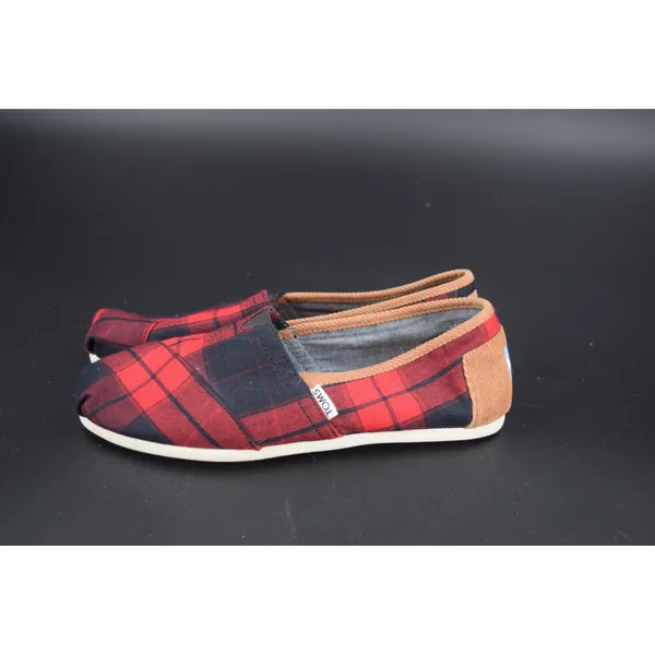 TOMS Alpargata Women W8 Red Navy Plaid Canvas Excellent Corduroy Heel Slip On - Image 3