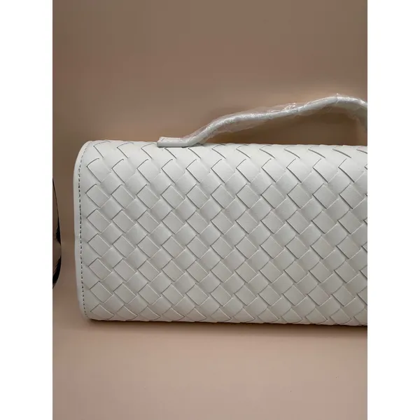Few Moda East West Clutch Woven Faux‎ Leather White Gold Turn Lock Crossbody Bag - Image 5