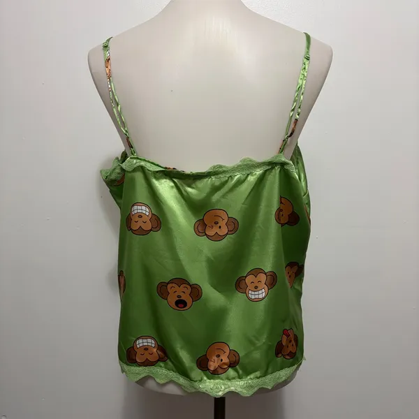 Y2K Aeropostale Monkey Print Satin Lace Trim Cami Tank Top XL Green Kawaii - Image 5
