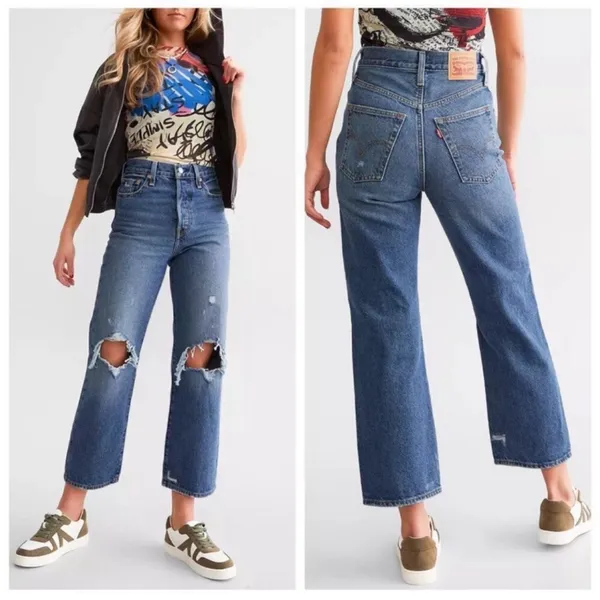 NWT Levis Ribcage Straight Ankle Jean Distressed Blue‎ 30 × 27 Minimal Grunge - Image 2