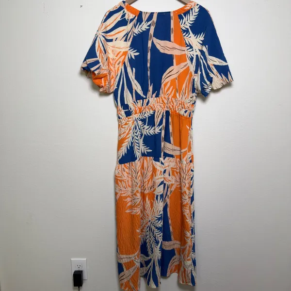 FIG + FLOWER‎ Women Dress Large Tropical Leaf Print Smocked Orange Boho Resort - Image 12
