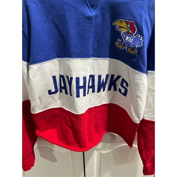 CHAMPION KANSAS JAYHAWKS BLUE BLOCKED LONG SLEEVE CREW SWEATSHIRT cropped Small - Image 6