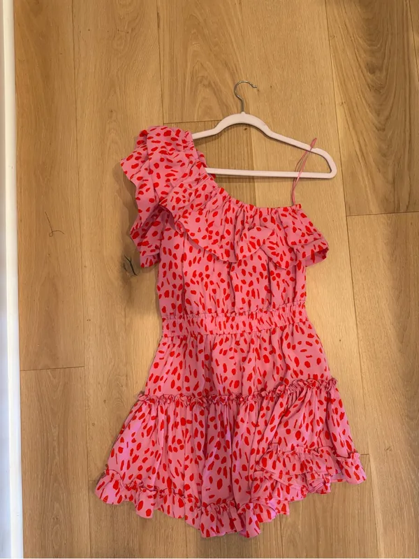 Buddy Love Pink & Red Polka Dot One Shoulder Ruffle Dress - Image 4