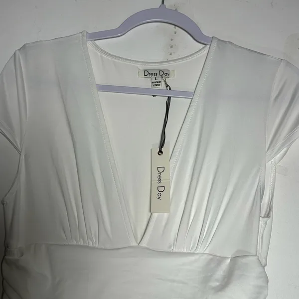 Dress Day White Maxi Dress‎ Womens Large V Neck Empire Waist Flowy Boho Formal - Image 4