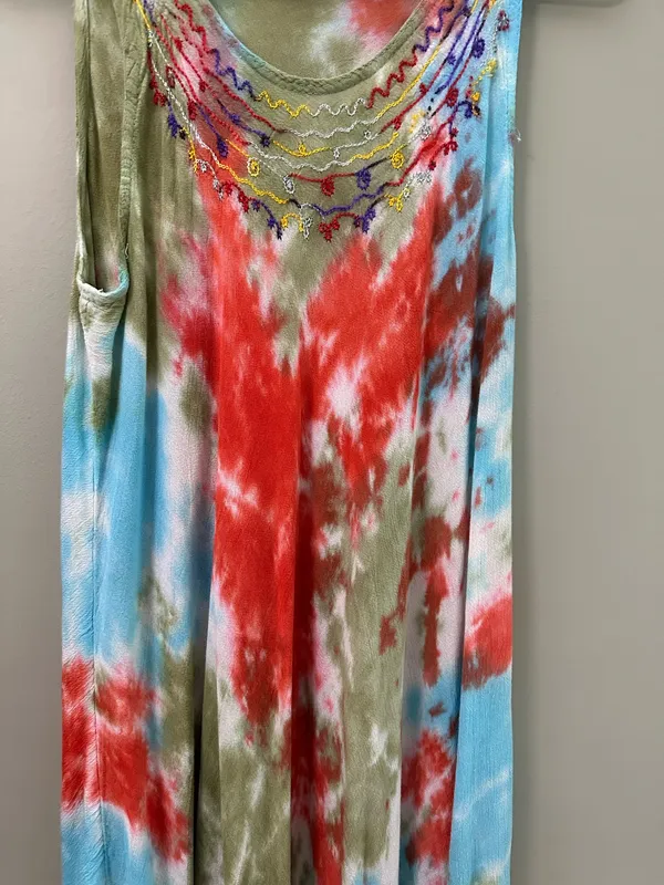 Blue Hue Tie Dye Midi Dress w/ Embroidered Neckline One Size - Image 4