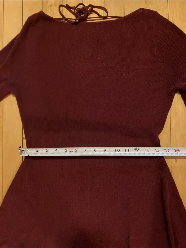 Meshki Zahra Open Back Long Flare Sleeve Burgundy Brown Mini Dress - Image 9