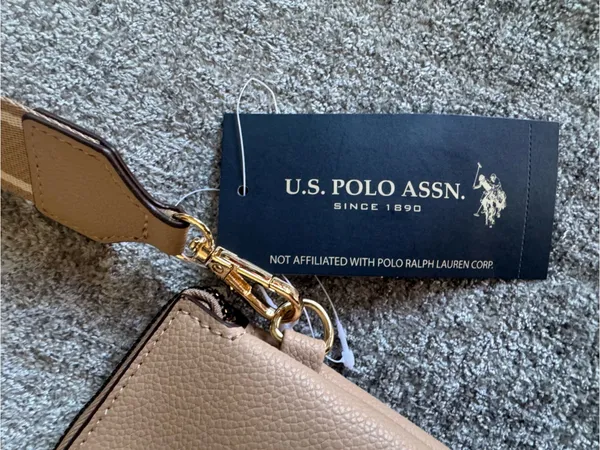 U.S. Polo Assn. Taupe Pebbled Leather Crossbody with Branded Web Strap - Image 4