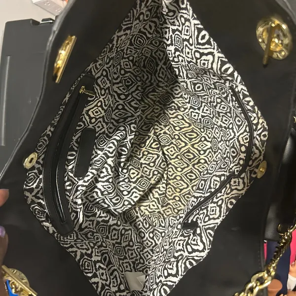 Black Faux Leather Tote Bag with Gold Accents - Image 6