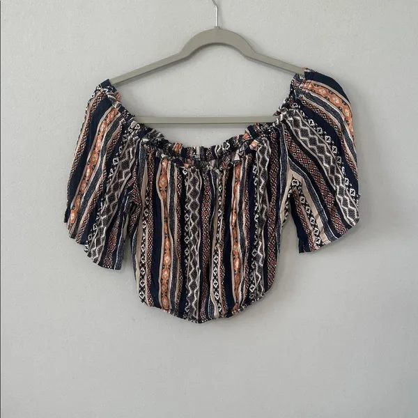 ILLA ILLA Women Crop Top Boho Off Shoulder Geometric Print Navy Orange Small - Image 4
