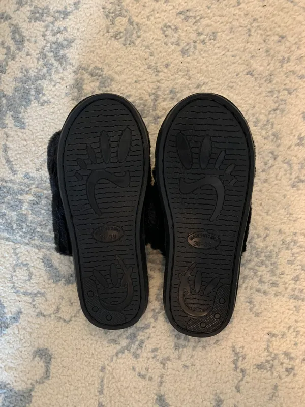 Black Furry Fuzzy Slip On Slippers - Image 2