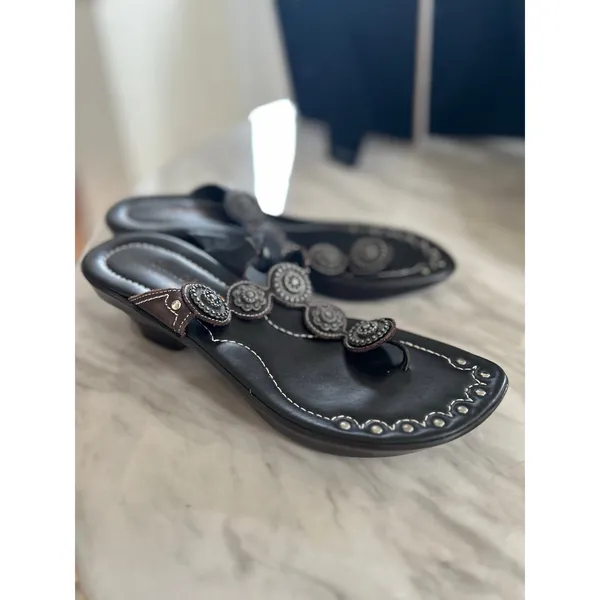 Donald J. Pliner Black/Dark Brown Leather Metal Western Embellished Sandal - Image 5
