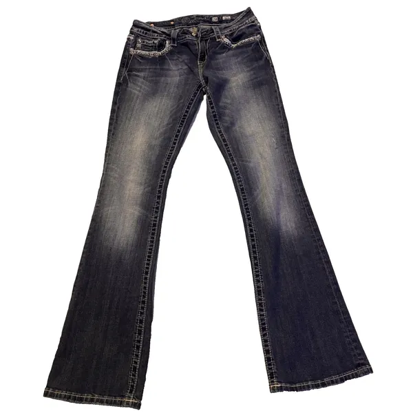 Miss Me Sz 28 STYLE XP 7035B RELAXED Boot Jeans Embellish Dark Blue Distress - Image 7