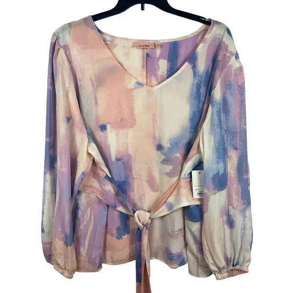 Evri Long Sleeve Semi Sheer Pink Blue Paint Look Tie Waist V-neck 3x Top NWT - Image 2