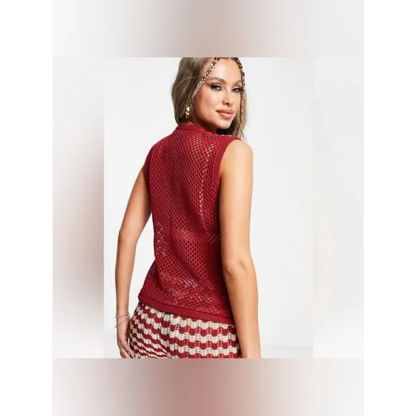 Source Unknown Damson Madder crochet sleeveless cardigan top red and ivory checkered pattern - Image 4