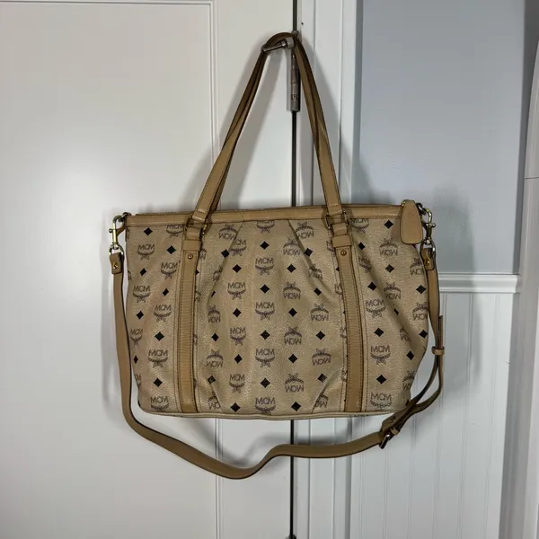 MCM Visetos 2 Way Monogram Bag with Crossbody Strap tan cream neutral‎ designer - Image 8