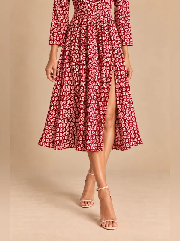 Reformation Red Ivory Floral Square Neck 3/4 Sleeve Midi Dress Size 0 Boho Style - Image 3