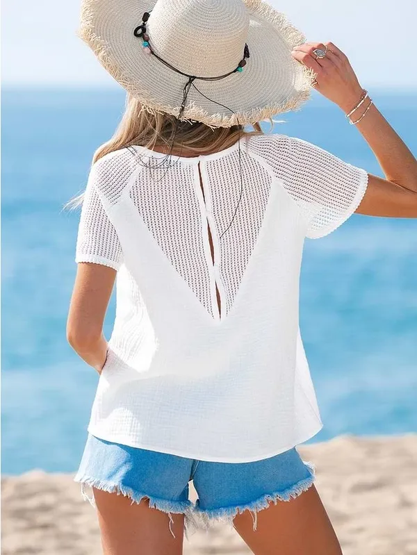 Cupshe White Knit Back-Detail Short Sleeve Blouse - Image 2