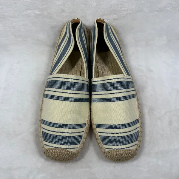Tory Burch Striped Canvas Espadrille Flats Cream Blue Brown Slip On Shoes 9 - Image 3