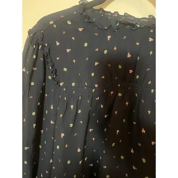 Sanctuary Anthropologie Women Top L Black Floral Ruffle Lined Smocked Blouse - Image 2