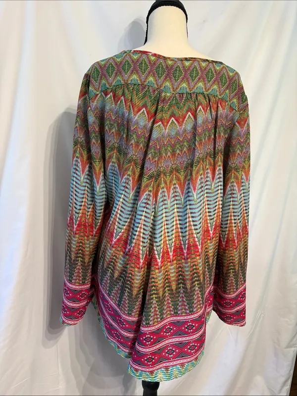 new directions Multicolor Zigzag Tie-Neck Women’s Tunic SZ L - Image 3