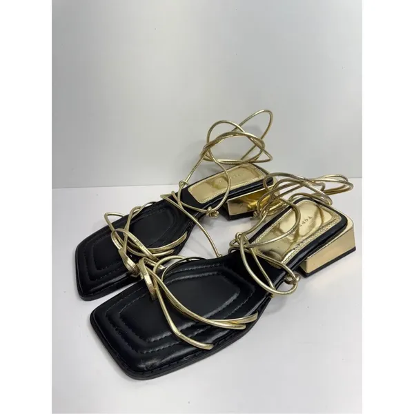 Top Shop Ankle Wrap Sandals Size‎ 6US Gold Black Square Toe Block Heel - Image 3