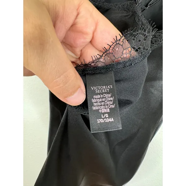 Victorias Secret Black Satin Lace Trim Slip Dress Nightgown Large - Image 3
